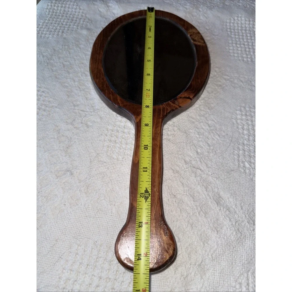 Vintage Wood Hand Held Beveled Glass Mirror Leaf Design Oval Glass 14.5 in